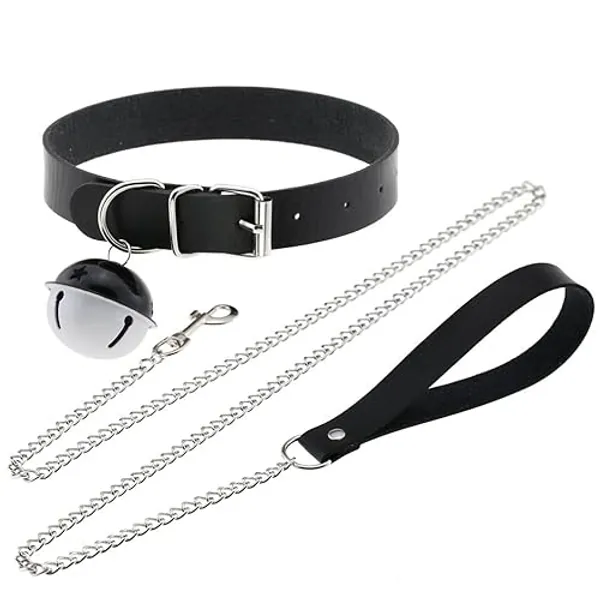 FM FM42 Multicolor PU Simulated Leather Bell Collar Choker Necklace with Detachable Chain Leash - Black