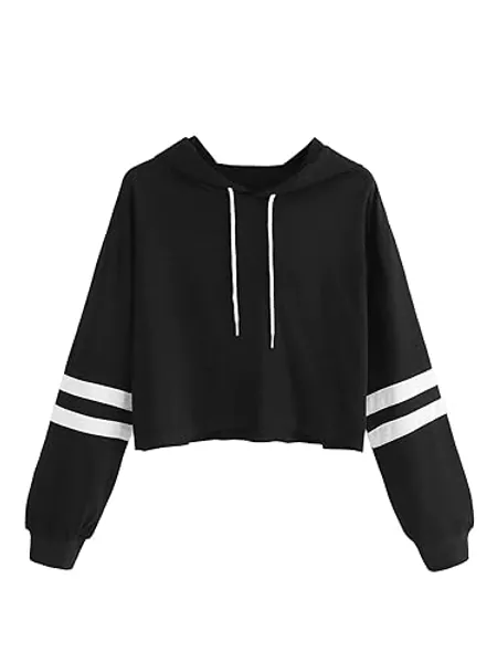 SweatyRocks Women's Letter Print Color Block Long Sleeve Crop Top Hoodies Pullover Sweatshirt - Large - Stripe-black