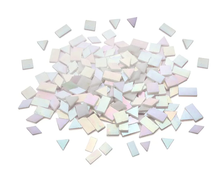 Lanyani Glass Mosaic Tiles for Art Crafts,4 Shapes Mixed Tiffany Stained Glass Pieces,200 Pieces,Square/Rectangle/Diamond/Triangle,Iridescent White - Iridescent White