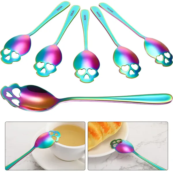 Skull Spoons Stainless Steel Coffee and Espresso Spoons for Tea, Milk, Sugar Stirring, Dessert, Cake (Rainbow Color,6 Pieces) - Rainbow Color 6