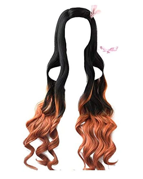 MORE4EVER Women's Kamado Nezuko Cosplay Wig 37 inch Long Curly Black Orange Gradient Hair (Black Orange Gradient)