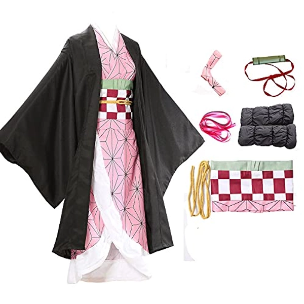 Costribe Kamado Nezuko Cosplay Costume Halloween Anime Uniform Full Set Kimono Dress with Stocking Bamboo Waistband
