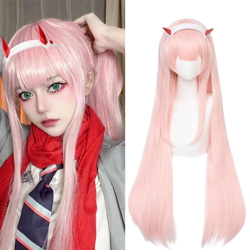 Zero Two Pink Cosplay Wigs 02 Light Pink Wig with Bangs + Horn Headband, Long Straight Pastel Pink Wig 39-Inch Anime Synthetic Hair with Hair Net for Women Girls Halloween Costume Party - Pink