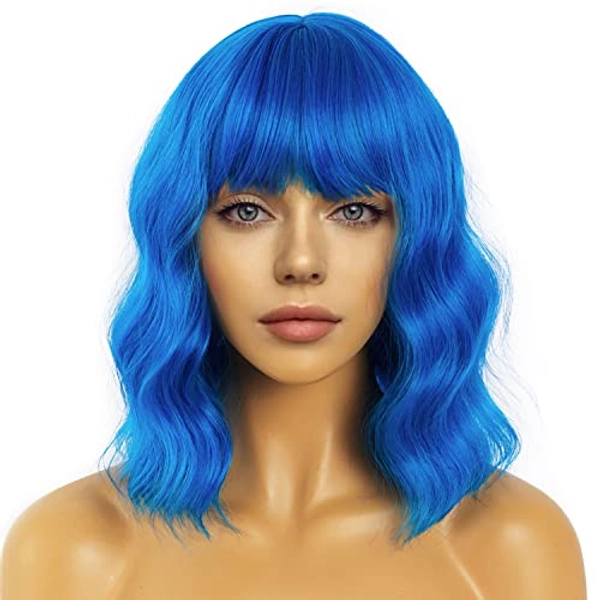 LANCAINI Wavy Wig With Bangs Women's Short Wigs Curly Wavy Bob Synthetic Cosplay Wig for Girls Daily Use Colorful Wigs (Blue)