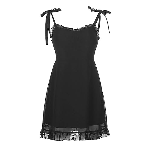 Ho.Volta Goth Dark Sweet Black Summer Mini Dresses Spaghetti Straps Sleeveless Swing Skater Dress Club Party Y2K Streetwear - X-Large - Black