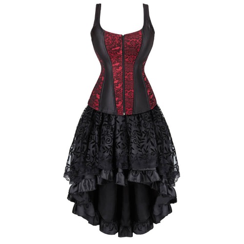 Gothic Jacquard Shoulder Strap Corset Dress Suit - Red / L (Bust 90-95 cm)