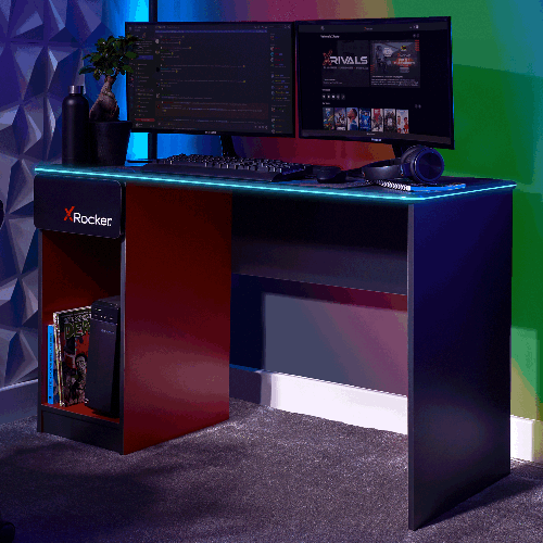 Carbon-Tek Gaming Desk with LED and Wireless Charging, Gray/Red | Default Title