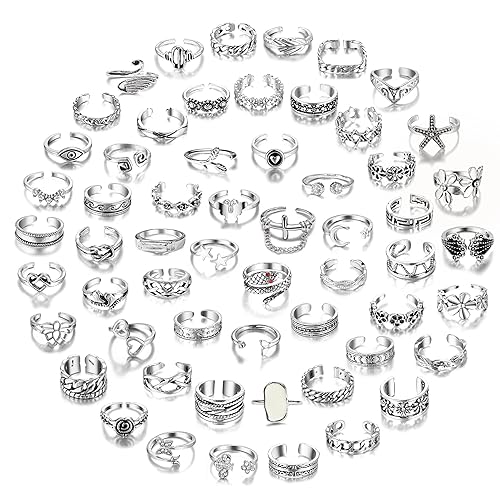 MJust 54Pcs Open Toe Rings Set for Women Men Adjustable Vintage Retro Knuckle Ring Toe Finger Tail Ring Beach Foot Jewelry - 58Pcs Silver
