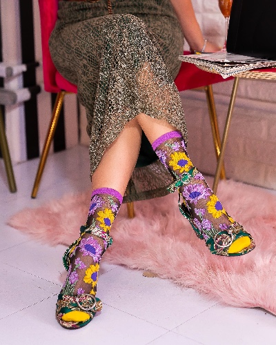 Mixed Sunflowers Black Sheer Crew Sock | Default Title