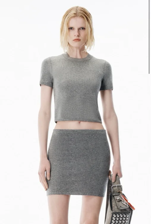 Grey Wool-blend Hotfix Logo Tee & Skirt