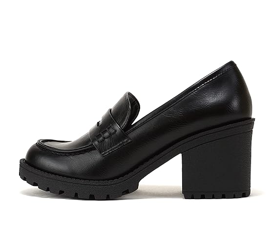 Soda “Kinder” ~ Women Slip On Chunky Mid Heel Lug Sole Penny Loafer Shoe - 7.5 - Black Pu