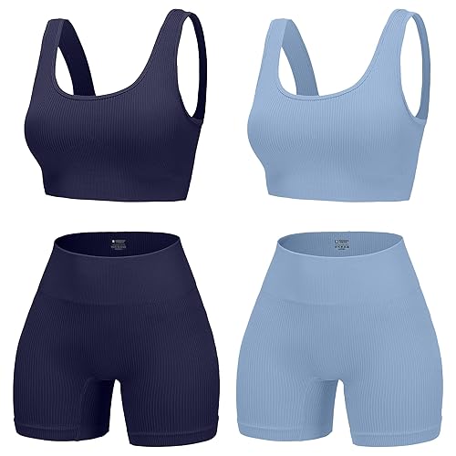 YWBIN 4 Piece Workout Sets for Women Seamless Ribbed High Waist Yoga shorts with Sports Bra Outfits - Navy Blue/Lake Blue - Medium