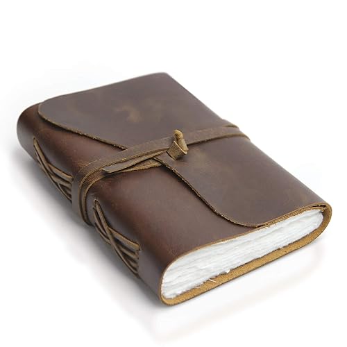 WANDERINGS Vintage Leather Journal - Handmade Leather Bound Notebook with Handmade Ivory Deckle Edge Paper - Perfect for Writing, Watercolors, Sketching, as a Travel Journal or Grimoire, 7x5
