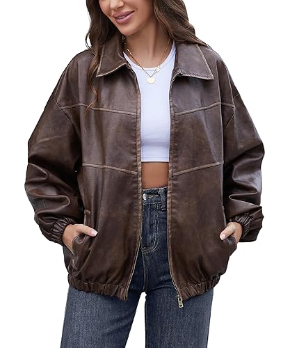 Bakyarder Womens Oversized Y2K Faux Leather Jackets Vintage Plus Size Fashion Motorcycle Coats Fall Fashion Outfits 2024 - Small - Browns