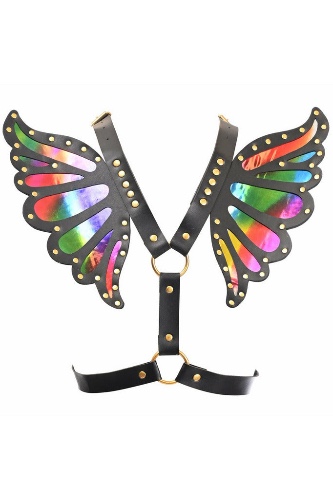 Black Faux Leather & Rainbow Wings - Regular / black rainbow holo