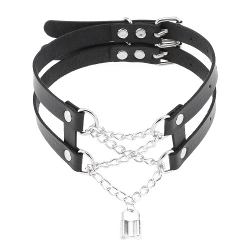 Lock Chain PU Leather Choker - black