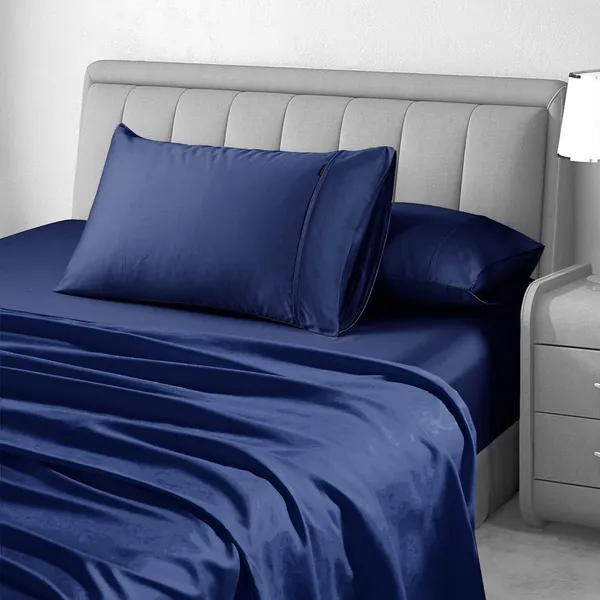 Luxton 1000TC Egyptian Cotton Bed Sheet Set King Single Size Navy Blue Color 40cm Deep Pocket Breathable Cotton Sateen Full Sheet Sheet 3PCS Set with Flat Sheet (King Single, Navy Blue) - King Single (with Flat Sheet) - Navy Blue