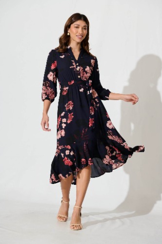 Jemimah Midi Dress In Navy With Pink And Blush Floral | 14