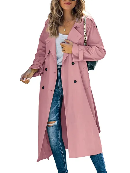 Makkrom Women's Double Breasted Long Trench Coat Windproof Classic Lapel Slim Overcoat with Belt, 01 - XX-Large - 01 Pink