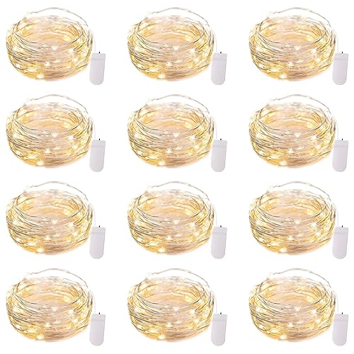 Brightown 12 Pack LED Fairy Lights Battery Operated String Lights - 7ft 20LED Waterproof Silver Wire Firefly Starry Moon Lights for DIY Crafts Wedding Table Centerpieces Party Bedroom Christmas - Warm White - 12 Pack