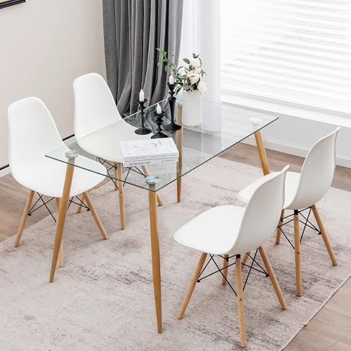 Tangkula Glass Dining Table Set for 4, Modern Kitchen Table and Chairs, Glass Dining Room Table Set for Small Living Room, Kitchen - White+natural