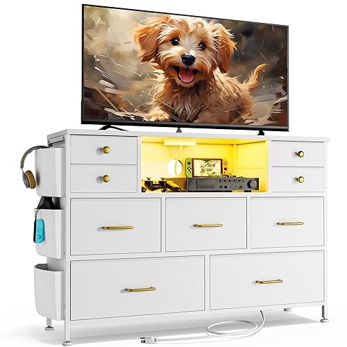 Lulive White TV Stand Dresser with Power Outlet & LED Lights, Fabric Chest of Drawers with 9 PU Storage Drawers & Side Pocket for Bedroom, Living Room, Entryway - White
