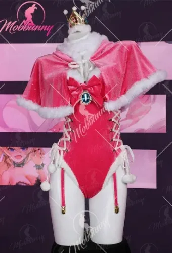 Mobbunny Women Christmas Peach Derivative Sexy Lingerie Cosplay Costume Bodysuit Plush Romper with Cloak Gloves and Thigh Socks