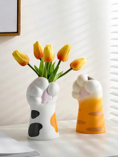 1pc Cartoon Cute Cat shaped Gourd Vase Colored Polyresin Material Decor