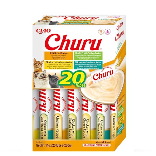 INABA Churu - Puré de Gato con 4 Sabores de Pollo - Deliciosos Snacks para Gato - Textura Suave y Cremosa - Comida para Gato - 20 Tubos x 14g