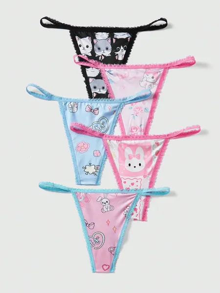 5pcs Pack Cartoon Printed Panties With Floral Lace