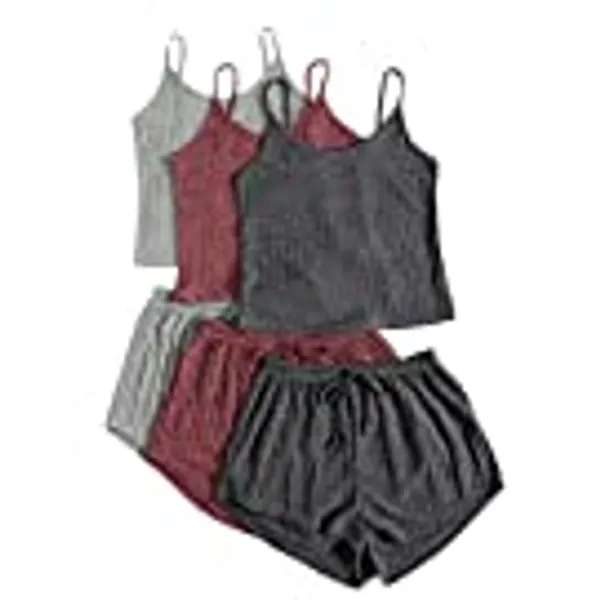 SheIn Women's 3 Sets Rib Knit Lounge Set Crop Cami Top and Tie Front Shorts Sleepwear Pajama Set