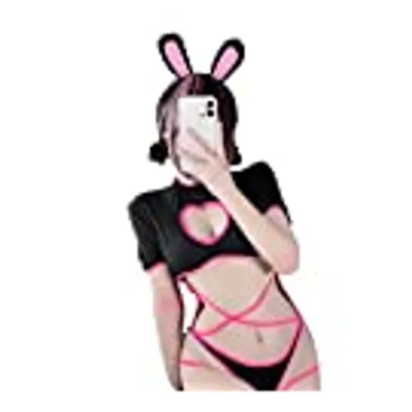 Sexy Bunny Lingerie Naughty Cat Costume Kawaii Anime Bikini Maid Roleplay Outfit Heart Hollow One Piece Strappy Bodysuit Black