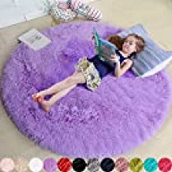 Purple Round Rug for Bedroom,Fluffy Circle Rug 5'X5' for Kids Room,Furry Carpet for Teen's Room,Shaggy Circular Rug for Nursery Room,Fuzzy Plush Rug for Dorm,Purple Carpet,Cute Room Decor for Baby