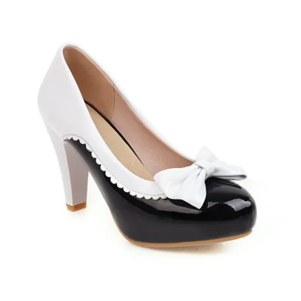 Two Tone Patent Leather Round Toe High Heels With Bow Detail in Sizes up to a UK. In 4 Colours