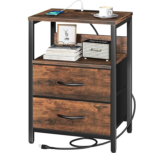 Yoobure Nightstand with Charging Station, Small Night Stand with Fabric Drawers and Storage Shelf for Bedrooms, Small Spaces, Bedside Table with USB Ports & Outlets - Vintage Brown