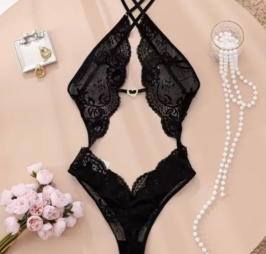 Women's Sxy Lace Bodysuit - Black Contrast Lace Trim & Cut-Out Details