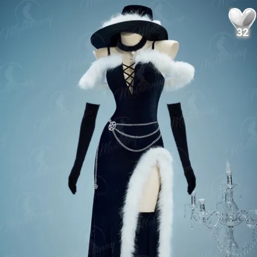 Yor Derivative Christmas Gothic Black Dress Set Dark Witch Style Furry Dress with Hat Gloves