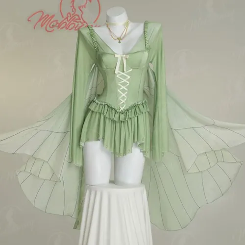 Sxy Elf Lingerie Set Green Ruffle Elegant Bodysuit and Necklace with Stockings