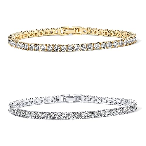 PAVOI 14K Gold Plated 3mm Cubic Zirconia Classic Tennis Bracelet | Gold Bracelets for Women | Size 6.5-7.5 Inch - 14K Gold Plated - 7.5 Inches - White & Yellow