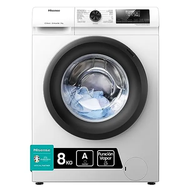 Hisense WFQP8014EVM - Lavadora con Vapor, Clase A, Carga Frontal 8 Kg, 1400 rpm, 16 Programas, Control de balanceo inteligente del tambor, Display LED, Programa rápido, Bloqueo Infantil