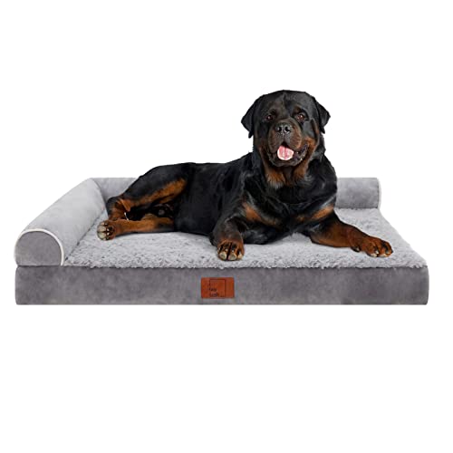Lazy Lush Bolster Dog Bed for Extra Large Dogs, Memory Foam Orthopedic L-Shape Dog beds with Removable Washable Cover, Cozy Plush Dog Sofa, pet Bed with Waterproof Lining and Nonskid Bottom - XX-Large(48"x35"x8") - Grey