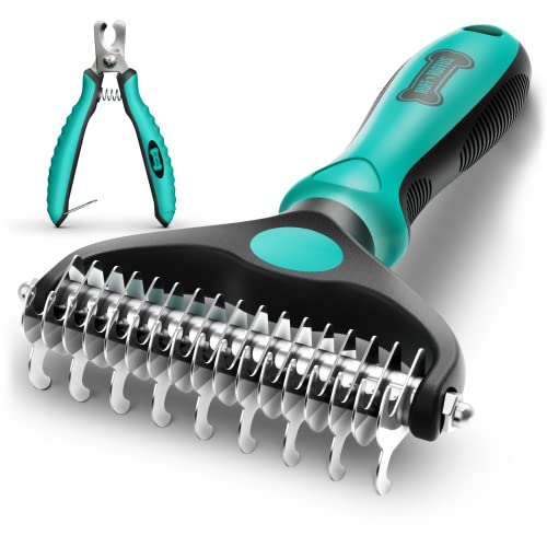 Say Goodbye to Shedding with Ruff 'N Ruffus Professional Double-Sided Undercoat Rake Dog Brush for Dogs & Cats | Reduce Shedding by 95% | Bonus Nail Clipper | Premium Pet Grooming Tool - Aqua