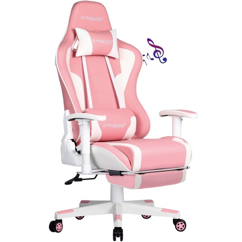 GTRACING Gaming Chair with Footrest and Bluetooth Speakers Music Video Game Chair Heavy Duty Ergonomic Computer Office Desk Chair (Pink) - Pink
