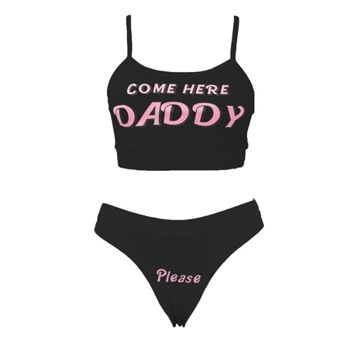 Sexy Women Come Here Daddy Please Strappy Lingerie Set 2PCS Slutty Underwear Tank Tops and Panty Pajamas Sleepwear - Black XX-Large
