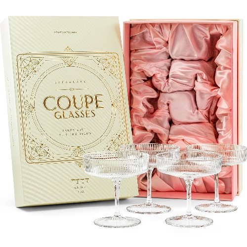 Vintage Art Deco Coupe-glas | set med 4 | 200 ml, klassiska cocktailglas för champagne, Martini, Manhattan, Cosmopolitan, Sidecar | kristall, Speakeasy, stil, tefat, bägare med fötter