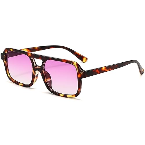 AIEYEZO Retro Square Sunglasses for Women Men Trendy Rectangle Aviator Sun Glasses Vintage 70s Shades - Tortoise/Purple Gradient - 54 Millimeters