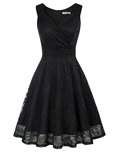 GRACE KARIN Women Sequins Velvet Banquet Dinner Dress 50s Autumn Winter V-Neck A-line Dress - L - Lace Black