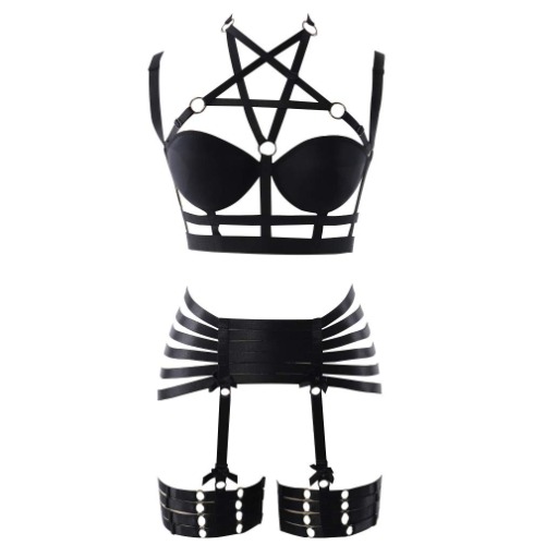 Body Harness Full for Women Garter Belts Set Strappy Adjust Gothic Punk Art Wear Elastic - Black 208+126