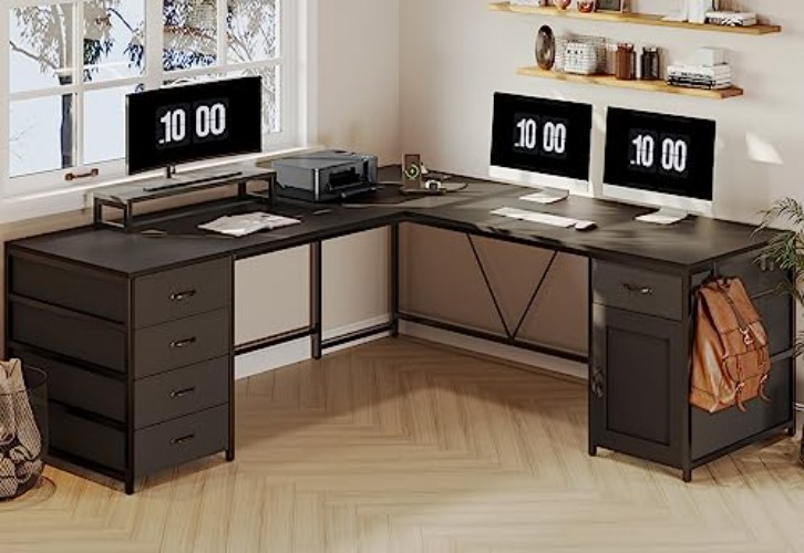 SEDETA L Shaped Desk, 63" Computer Desk with 5 Drawer & Power Outlet,Long Home Office Desk or Corner Desk, L Shaped Corner Desk with Monitor Shelf, Storage Cabinet, Black - Black