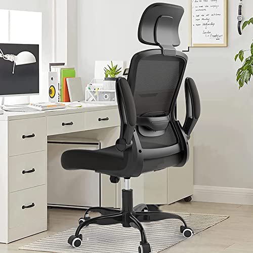 Ergonomic Office Chair, Home Office Desk Chair with Adjustable Headrest & Lumbar Support. High Back Mesh Computer Chair with Thickened Cushion &Flip-up Armrests, Task Executive Chair (Black) - Black